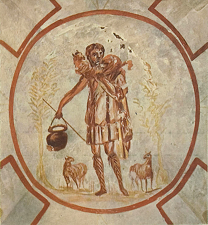 Peinture murale : un berger portant une brebis sur les épaules, entre deux autres brebis
