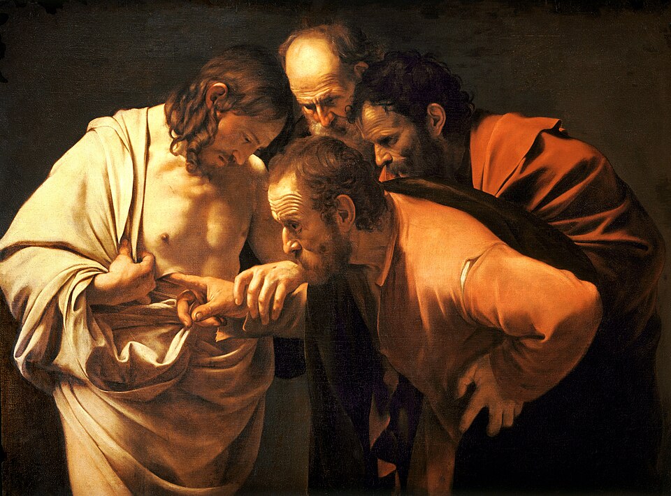 Thomas enfonce le doigt dans la plaie du côté du Christ, que deux apôtres observent penchés