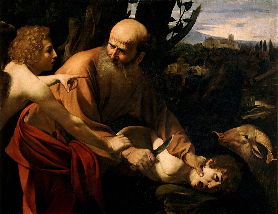 Un ange arrête la main d'Abraham qui maintient Isaac hurlant sous le couteau ; un bélier s'avance