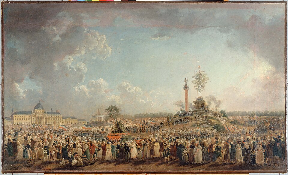 Une montagne artificielle surmontée d'un arbre et d'une colonne au milieu du Champ-de-Mars, entourée d'une foule