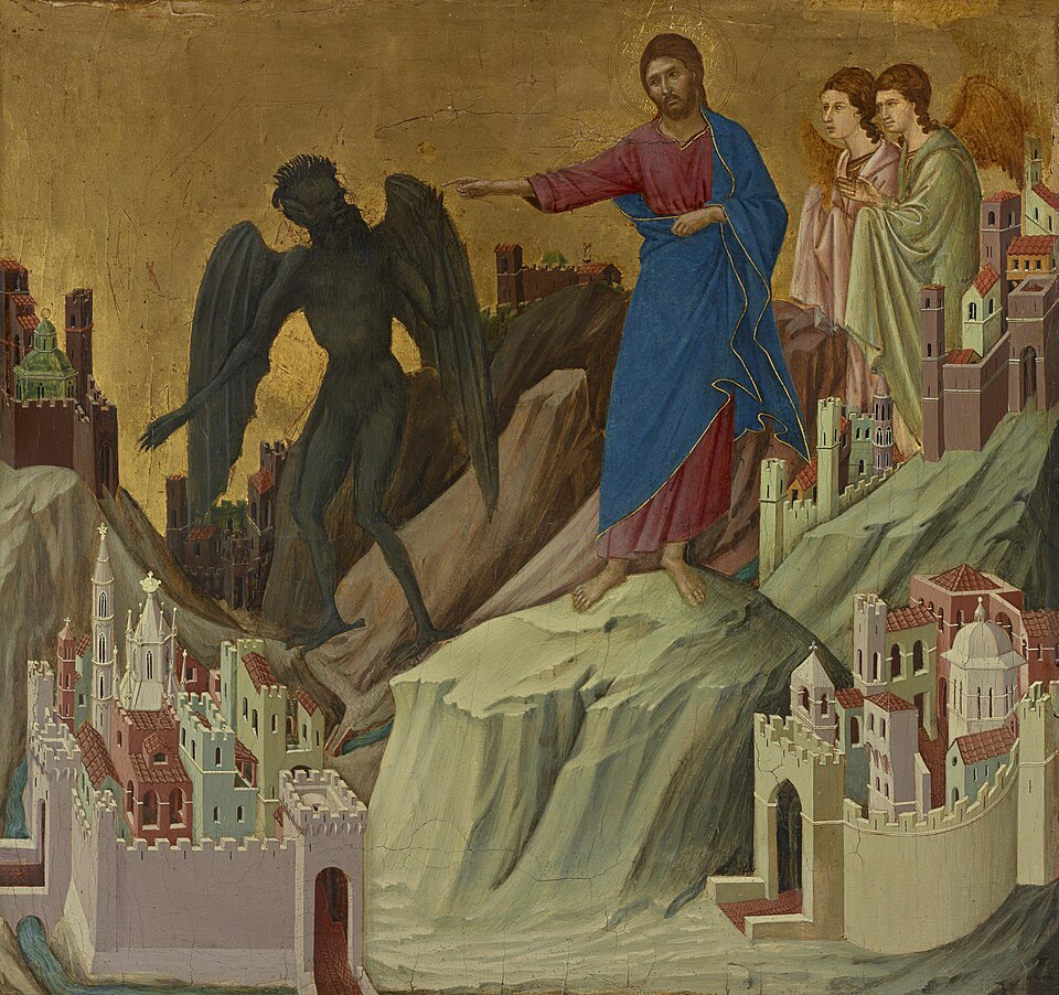 Le Christ sur une montagne repousse le diable ; à ses pieds, des villes miniatures