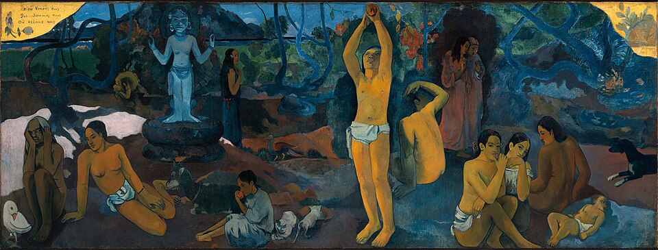 Grande frise de figures tahitiennes, de l'enfant au vieillard, autour d'une idole bleue