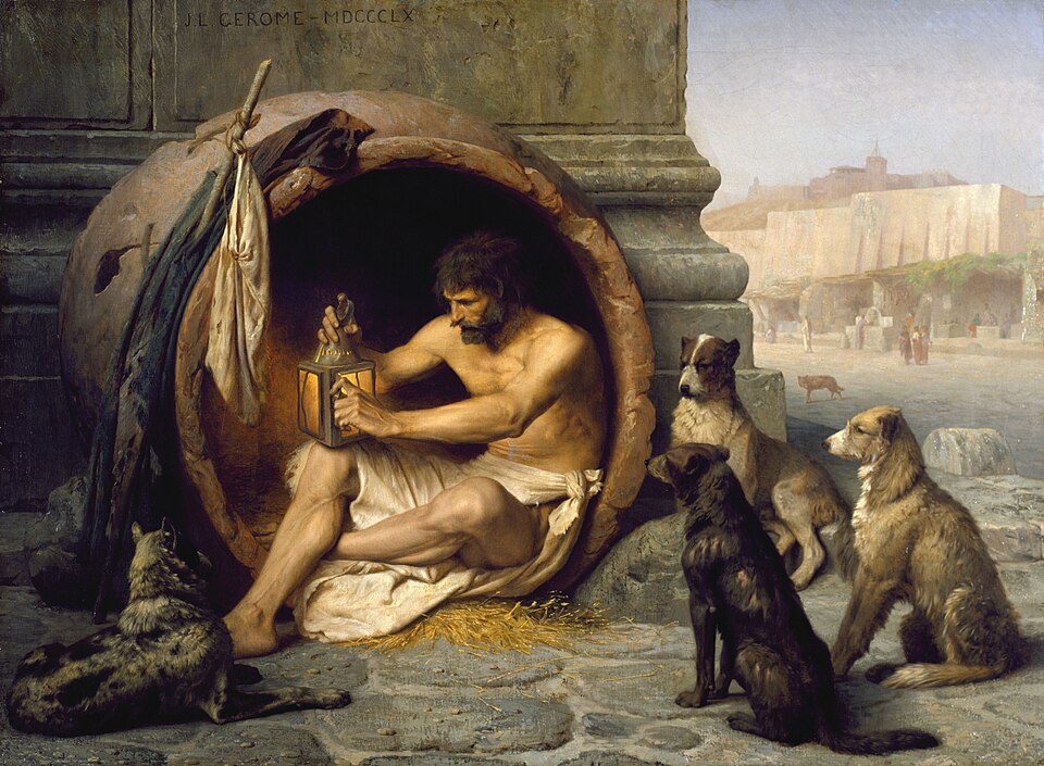 Diogène assis dans sa jarre allume une lanterne, entouré de chiens