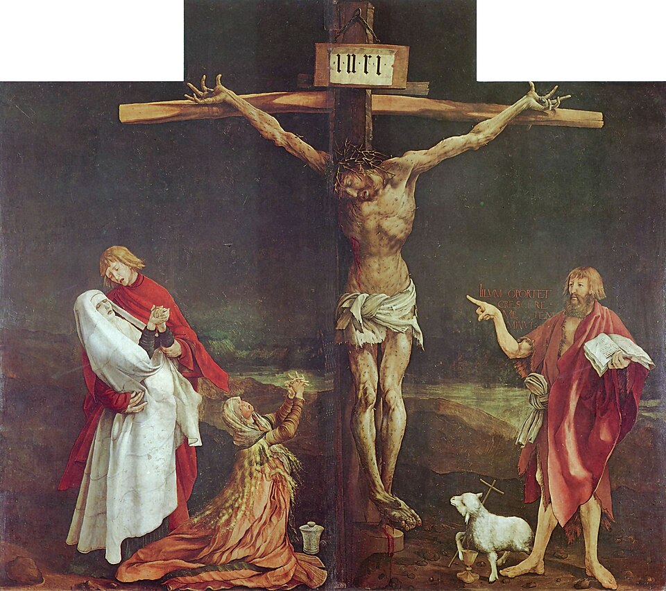 Le Christ crucifié au corps supplicié, entre la Vierge soutenue par Jean, Marie-Madeleine et Jean-Baptiste désignant la croix