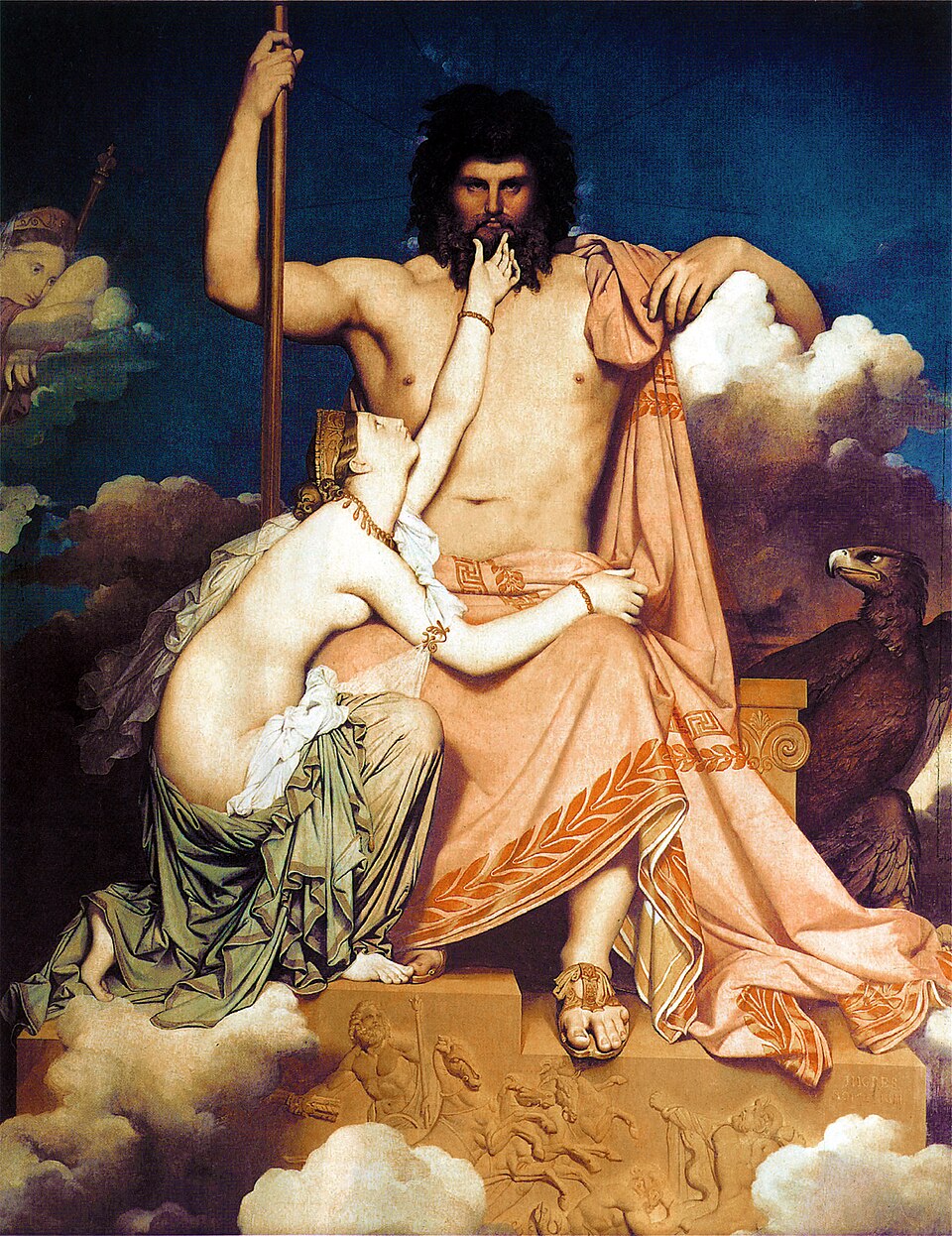 Zeus trônant sur les nuées, impassible, et la nymphe Thétis agenouillée qui lui caresse le menton