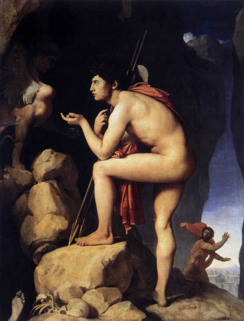 Œdipe nu, un pied sur un rocher, interroge le Sphinx tapi dans l'ombre d'une grotte