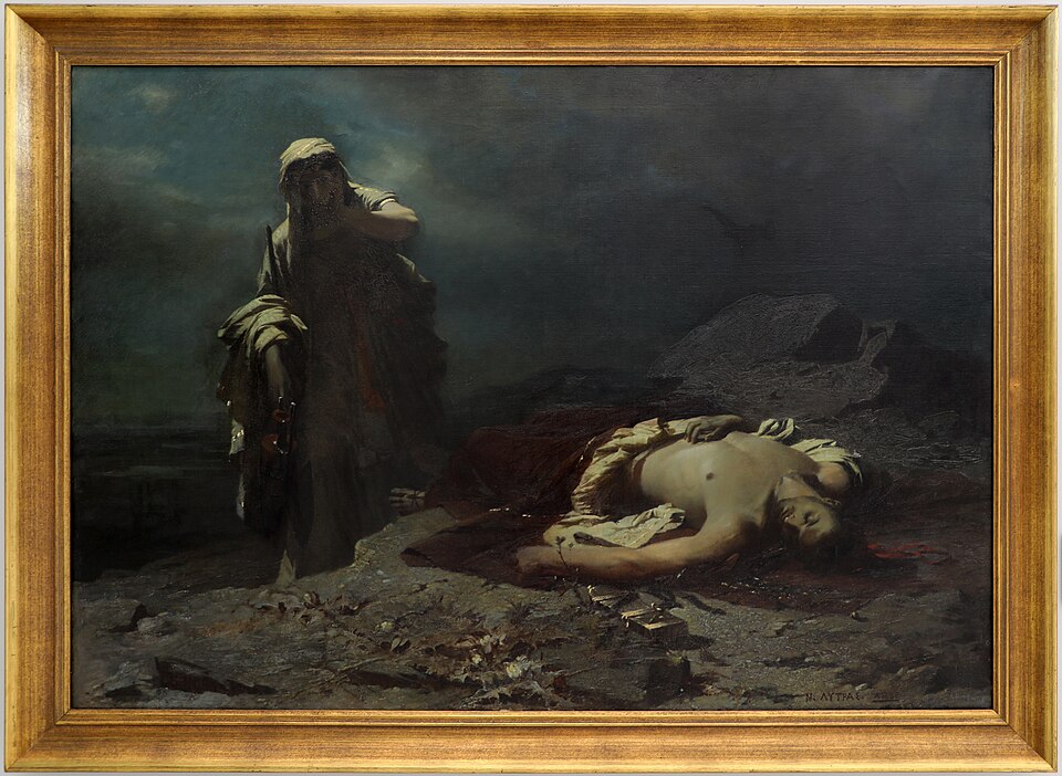 Antigone, voilée de sombre, se penche sur le corps de son frère Polynice étendu sur le sol