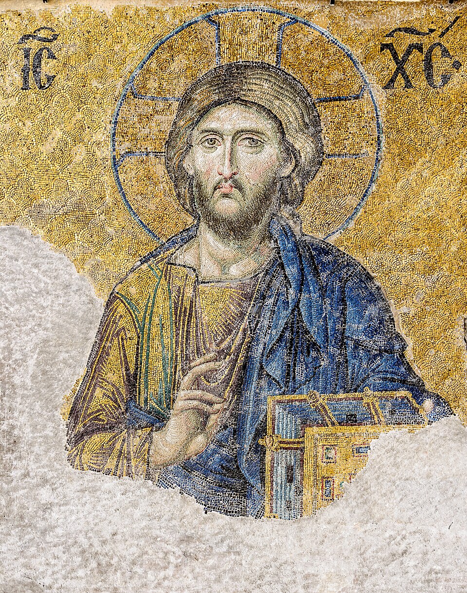 Visage du Christ en mosaïque sur fond d'or, la main droite levée pour bénir