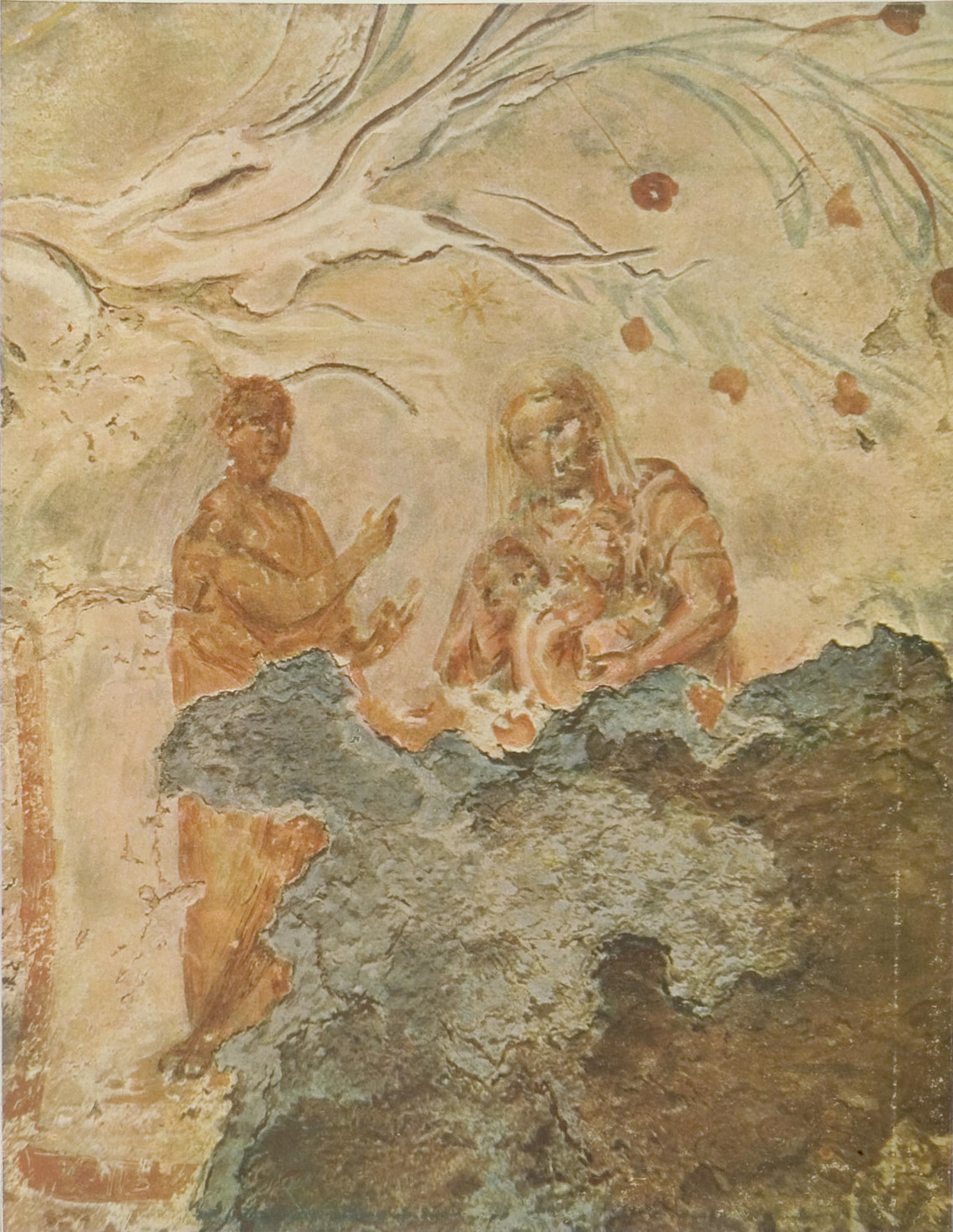 Peinture murale : une femme assise tenant un enfant, et un homme debout qui désigne une étoile