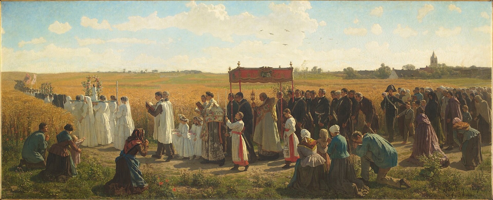 Procession villageoise avec dais et bannières traversant un champ de blé