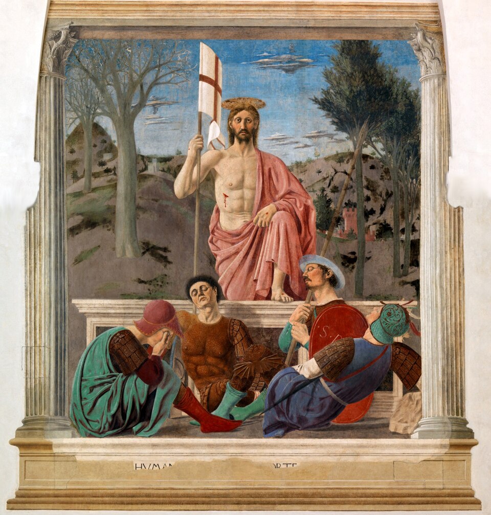 Le Christ debout, un pied sur le bord du tombeau, tenant un étendard, au-dessus de soldats endormis