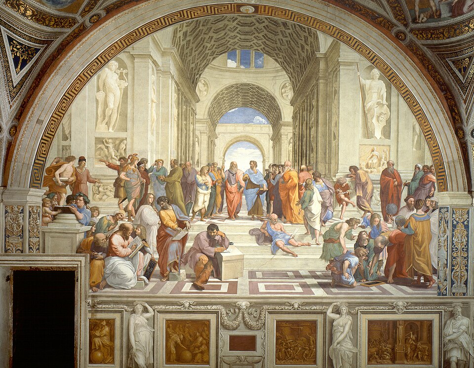Philosophes grecs réunis sous des voûtes antiques autour de Platon et d'Aristote