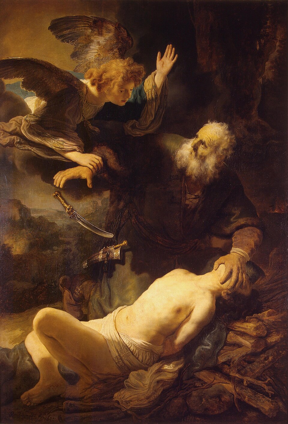 Un ange retient le bras d'Abraham au moment où il va égorger Isaac ; le couteau tombe