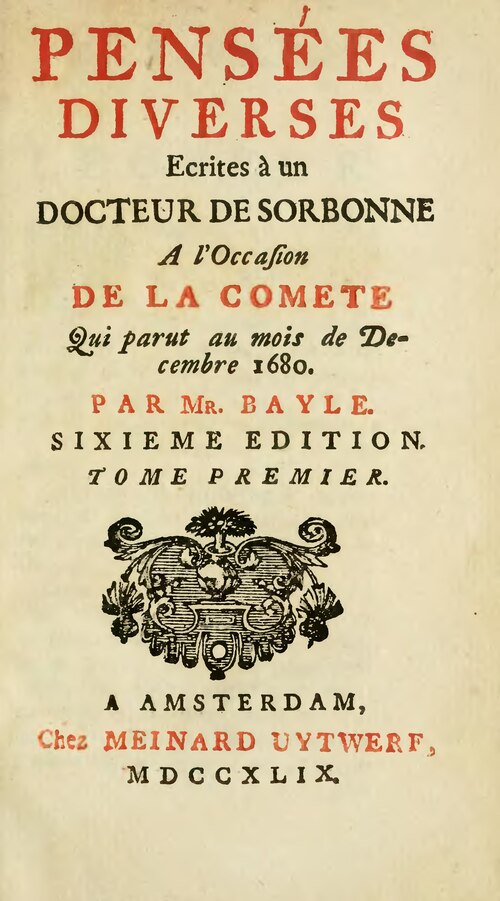 Page de titre des Pensées diverses sur la comète, édition de 1749