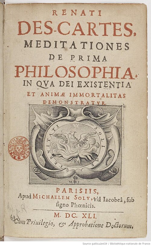 Page de titre en latin des Meditationes de prima philosophia, Paris, 1641