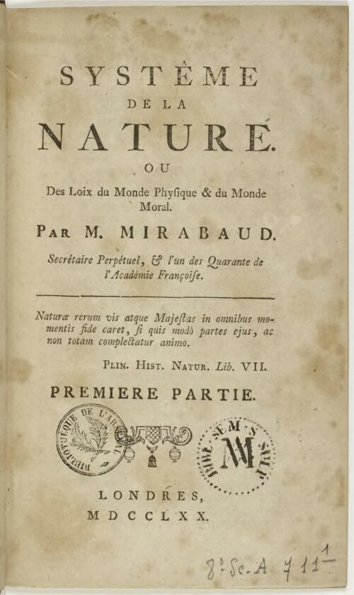 Page de titre du Système de la nature, attribué à M. Mirabaud, Londres, 1770