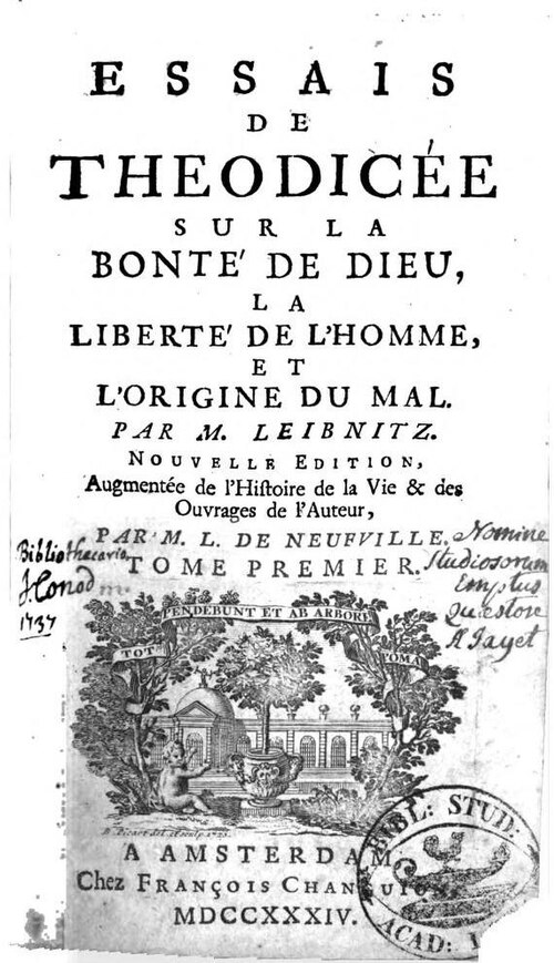 Page de titre des Essais de théodicée, Amsterdam, 1734