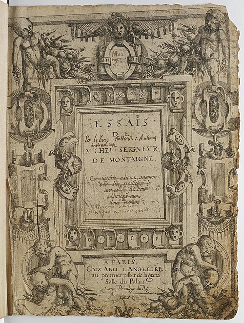 Frontispice gravé des Essais, édition de 1588, avec des corrections manuscrites dans le cartouche central