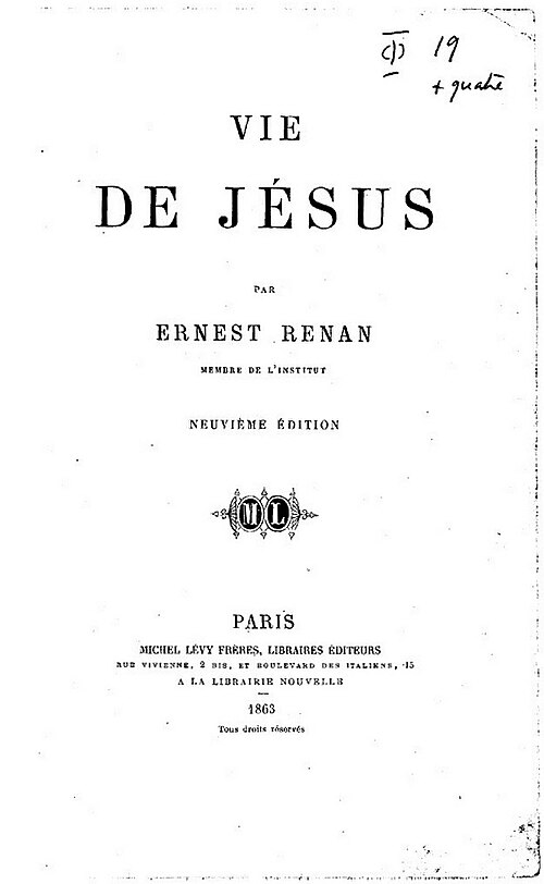 Page de titre de la Vie de Jésus d'Ernest Renan, 1863